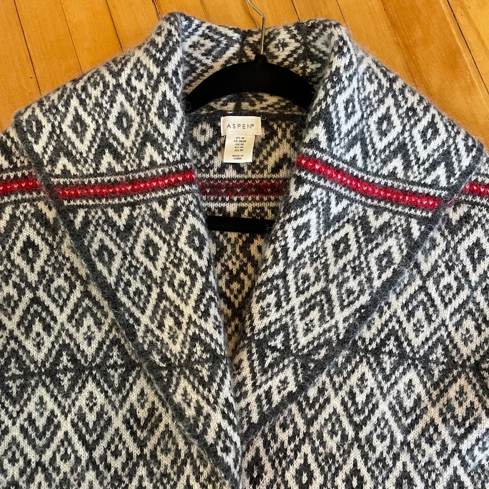 ASPEN Fair Isle Nordic Scandi Duster Sweater Cardigan Shawl Collar Pockets - Picture 2 of 11
